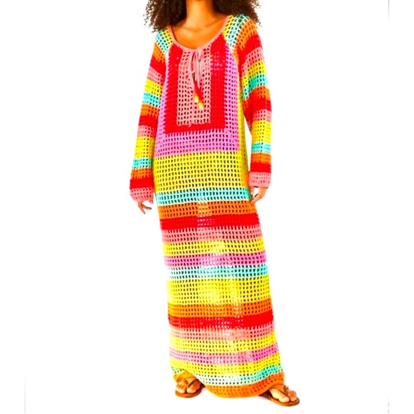 FARM Rio Dresses & Skirts - NEW FARM Rio Striped Multicolor Open Crochet Rainbow Maxi Dress Pink Slip Size M
